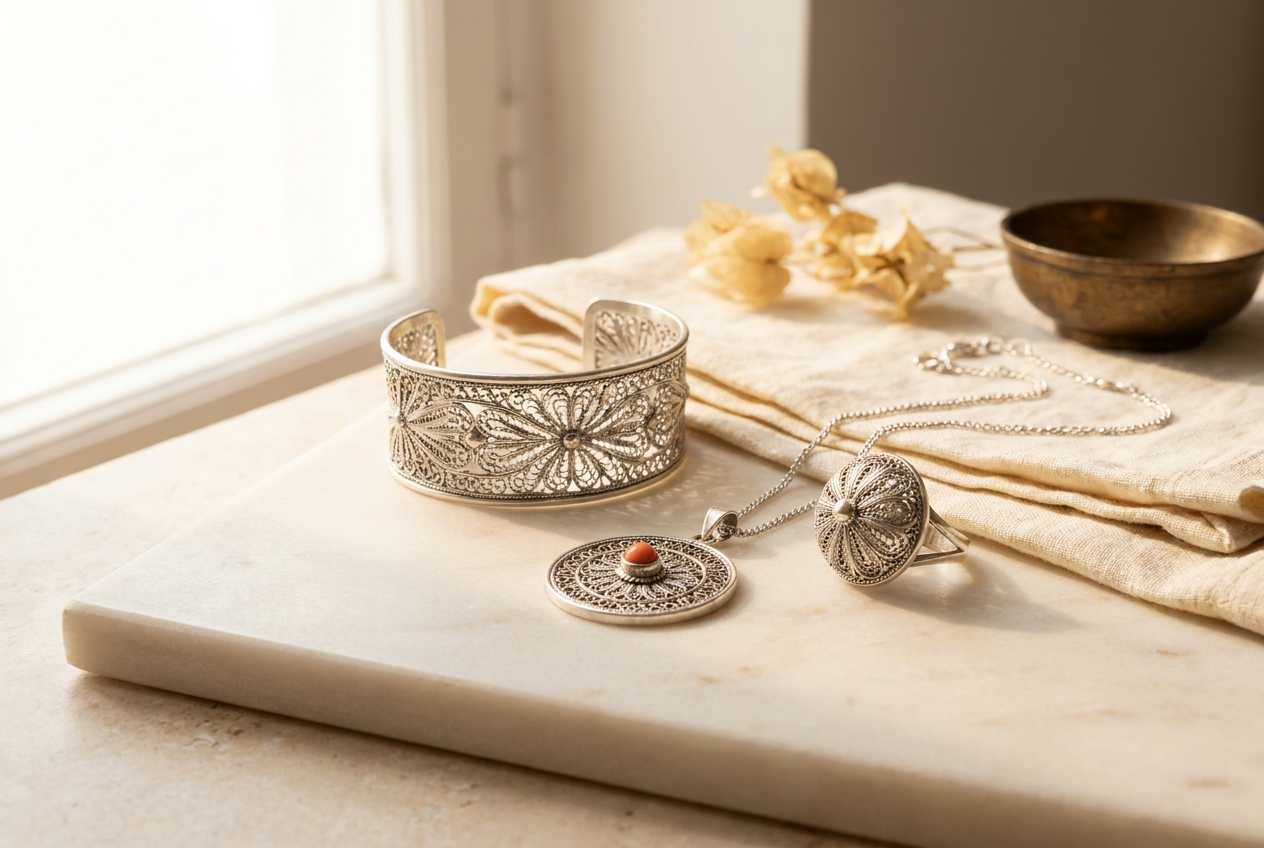 Bijoux en argent 925 inspirés de l'Atlas, sur marbre crème